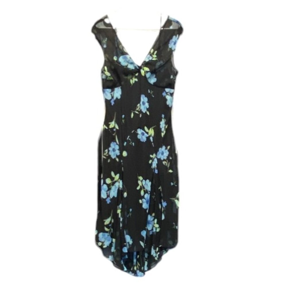 Studio 1940 Sheer Floral Dress & Slip 14 Black Blue V-Neck Asym Hem Gored